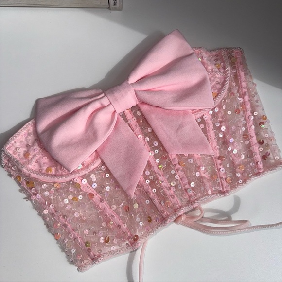 Baby Pink Sequin Tie-Back Bow Corset - Picture 5 of 11